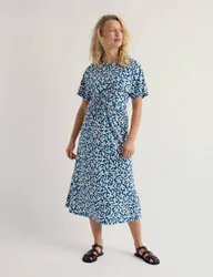 Cotton Rich Floral Twist Front Midi Tea Dress Blue Mix female