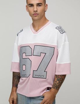 Herren Übergroßes Kastenförmiges Verziertes V-Ausschnitt Baseball Sport Oberteil Pink Größe XL