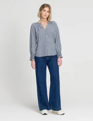 Pure Cotton Gingham V-Neck Blouse Navy Mix female