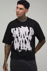 Mens Tall Black Oversized Boxy Graffiti Print T-Shirt Cotton - Size X-Large