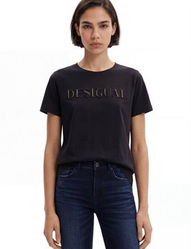 Camiseta logo brillo, Algodon, Negro, XS
