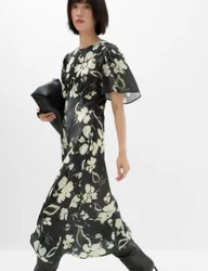 Satin Floral Empire Line Midi Waisted Dress Black Mix female