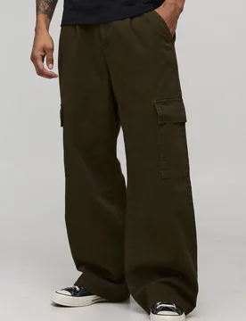 Herren Weite Passform Halb & Halb Bund Cargotasche Gewaschene Twill Hose Khaki Größe XL - boohooMAN - FashionsVida