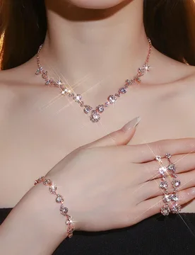 Elegante Conjunto de Joyas de Cristal & Strass - Pendientes, Collar, Pulsera, Adecuado para Uso Diario de Mujeres, Bodas, Fiestas, Otras Ocasiones, Ve - Shein - FashionsVida