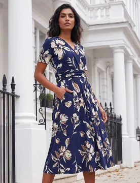 Floral V-Neck Midi Wrap Skater Dress Blue female - Roman - FashionsVida