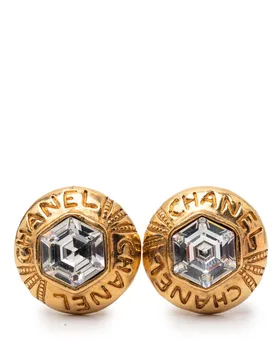 Gold Plated Crystal Logo Hexagonal Clip On Earrings - Chanel - FashionsVida