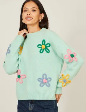 Women's Green Relaxed Flower Embroidered Jumper Size: Medium - Green - Size: M - Yumi - FashionsVida