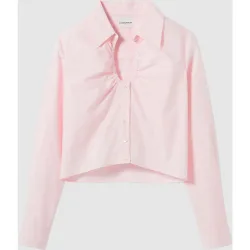Camisa de mujer de popelín de algodón con manga larga y fruncidos