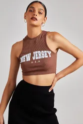 Printed Ribbed Crop Top - Brown - Size: S