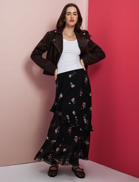 Gonna midi con volant asimmetrico e stampa floreale - multicolor