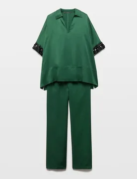 Conjunto de dos piezas con cuello polo y mangas bordadas - Woman Fiesta El Corte Inglés - FashionsVida