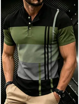 Camisa retro de verano para hombre, camiseta casual de manga corta con cuello redondo y botones, de fibra ultrafina estampada, holgada, con patchwork - Shein - FashionsVida
