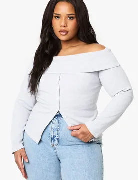 Womens Plus Button Down Bardot Rib Top - Grey Cotton - Size 20 Uk - Boohoo - FashionsVida