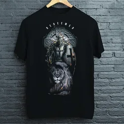 Redeemed Knights templar Christian Warrior Lion Crusaders T-Shirt 100% Cotton O-Neck Short Sleeve Casual Mens T-shirt Size S-3XL