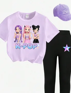Conjunto de camiseta corta básica y leggings con estampado de corazón, estrella y lema gráfico para niñas jóvenes en primavera, verano y otoño. - Shein - FashionsVida
