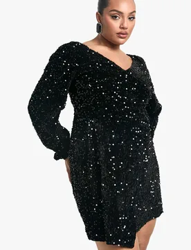 Womens Plus Velvet Sequin Swing Dress - Black - Size 28 Uk - Boohoo - FashionsVida