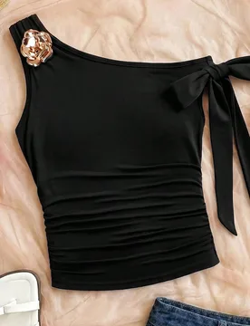 Top sin mangas asimétrica de hombro elegante y de moda para niñas preadolescentes, color negro sólido - Shein - FashionsVida