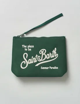 Pochette verde in canvas di cotone con scritta logo rimata a contrasto - MC2 SAINT BARTH - FashionsVida