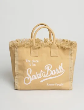 Colette beige di cotone con frange e scritta logo bianca - MC2 SAINT BARTH - FashionsVida