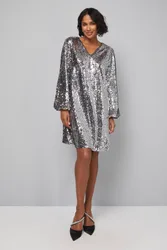 Women's Mixed Sequin V Neck Shift Dress in Black Size: 14 - Black - Size: 14