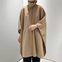 Long double-sided woolen coat with wool blend hood, beige lapel, two-way shoulder cape, suitable for autumn 25 coat