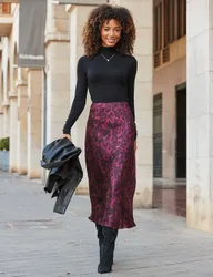 Satin Leopard Print Midi Slip Skirt Burgundy Mix female