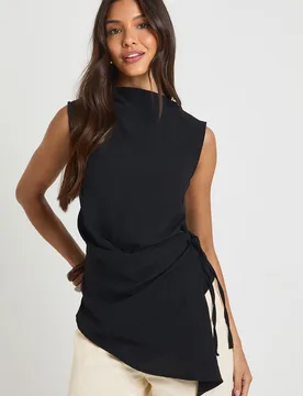 Womens Hammered High Cowl Tie Side Drape Blouse - Black - Size 16 Uk - Boohoo - FashionsVida