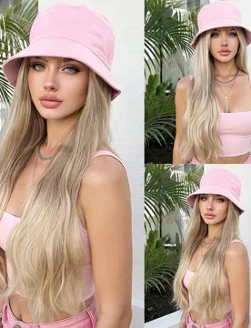 Extensiones de cabello sintético de 24 pulgadas con ondas naturales, peluca de onda larga estilo sombrero cubo, peluca de sombrero de fibra resistent - Shein - FashionsVida