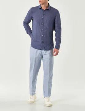 Pantalaccio carrot-fit in misto cotone e lino micro riga azzurra e bianca - Paul Baker - FashionsVida