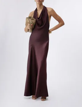 Abito lungo Liu Jo marrone in raso con scollo halter e incrocio sul retro - Liujo - FashionsVida
