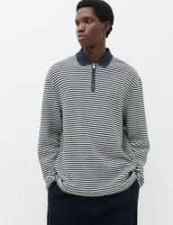 Pure Cotton Half Zip Striped Polo Shirt Navy male