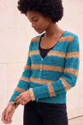 Women's Fluffy Stripe Knit Cardigan Sweater in Teal Size: 18 - Teal - Size: 18