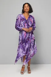 Abstract Print Pleated Asymmetric Wrap Dress - Navy - Size: 12