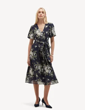 Embroidered Floral V-Neck Midi Skater Dress Navy Mix female - Hobbs - FashionsVida