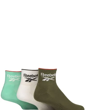 Mens and Women's 3 Pair Essentials Cotton Ankle Socks with Arch Support Khaki Green / White / Teal 8.5-10 UK - Assorted - Size: 8.5-10 UK - Reebok - FashionsVida