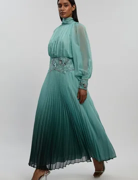 Womens Ombre Crinkle Georgette Embellished Pleat Detail Midi Dress - Green - Size 12 Uk - Karen millen - FashionsVida