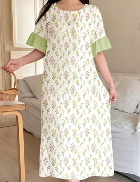 Vestido largo minimalista y holgado con cuello redondo, mangas con volantes y estampado floral bohemio vintage, adecuado para primavera y verano, ambi - Shein - FashionsVida