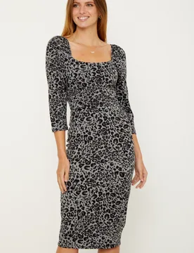 Womens Snow Leopard Print Square Neck Midi Dress - Animal - Size 6 Uk - Sosandar - FashionsVida
