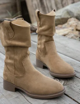 Botas de media pantorrilla con fruncido color caqui para mujer, botas occidentales planas de ante vintage para otoño, botas de tacón bloque cómodas - Shein - FashionsVida