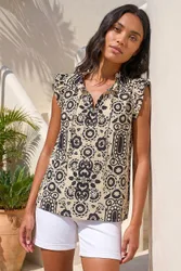 Mono Printed Frill Sleeve Top - Black - Size: 12