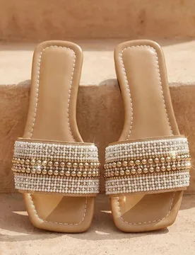 Sandalias deslizantes amarillas talla 41 para mujer talla grande, chanclas con correa decorada con pedrería, pantuflas de moda para playa/hogar, tall - Shein - FashionsVida