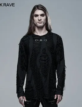 PUNK RAVE Men's Gothic Knitted Burnt Loose Broken Personality Black T-shirt Punk Cool Casual Street Tops Tees Streetwear - Aliexpress - FashionsVida