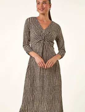 Women's Petite Abstract Twist Front Dress in Dark Brown Size: 16 - Dark Brown - Size: 16 - Roman - FashionsVida