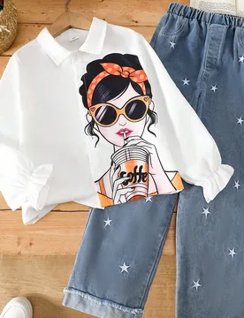 Piezas Conjunto de niña para otoño/invierno, camisa de manga larga con estampado de personaje de dibujos animados + pantalones vaqueros con bordado - Shein - FashionsVida