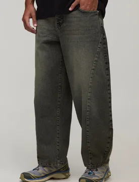 Mens Washed Overdye Barrel Leg Jeans - Green Cotton - Size 30r - boohooMAN - FashionsVida
