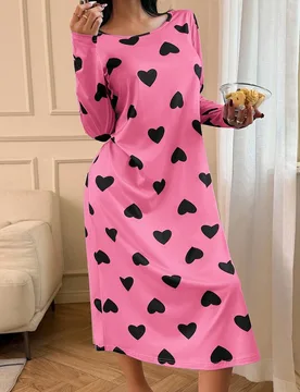 Vestido de dormir casual de manga larga con estampado de corazones para mujer, otoño e invierno - Shein - FashionsVida