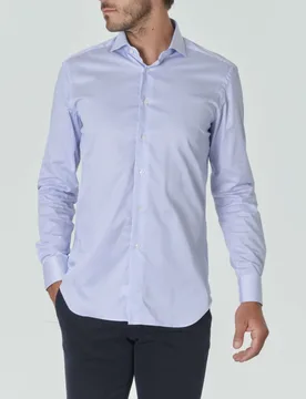Camicia bastoncino bianco e azzurro in twill di puro cotone tailor-fit con colletto aperto alla francese - Xacus - FashionsVida