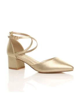 Women's Mid Block Heel Crossed Strap Pointed Toe 2 Part Heels in Gold Size: 7 - Gold - Size: 7 - Ajvani - FashionsVida