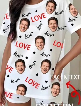Conjunto de pijama personalizado con cara y texto para mujer, blanco, con estampados de corazones personalizados, tela suave, ropa de dormir, regalo p - Shein - FashionsVida