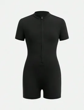 Mono de una pieza con media cremallera para niña preadolescente, color negro, ideal para volver al colegio o salidas de ocio - Shein - FashionsVida